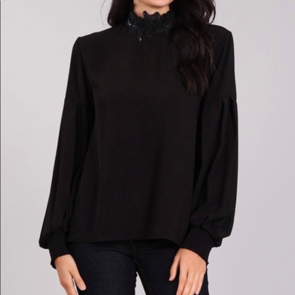 BLVD lace mock neck, bubble sleeves, back tie